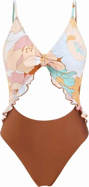 ZAFUL Womens Floral One Piece Swimsuit Sexy Cutout V Neck Bathing Suit Adjustable Spaghetti Strap Lace Up Swimwear Coffee L