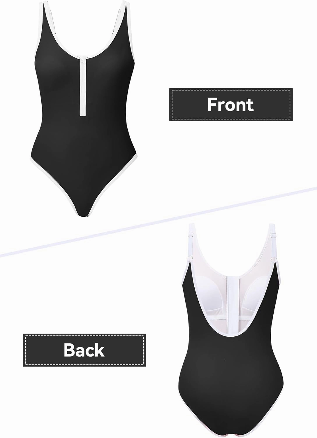 Zando Women's One Piece Swimsuit Athletic Zipper Front Bathing Suits Square Round Neck Low Back Swimwear