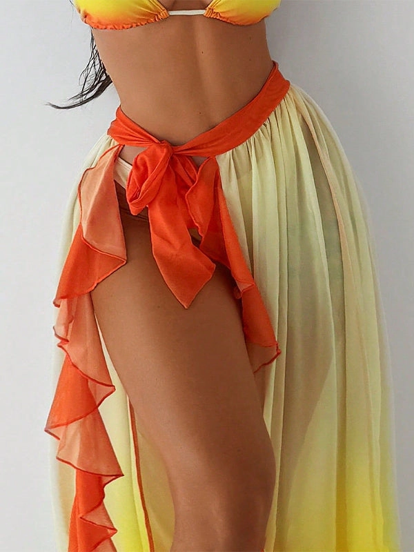 ZASUWA Female Gradient Contrast Color Flounce Mesh 3-Pieces Bikini Set