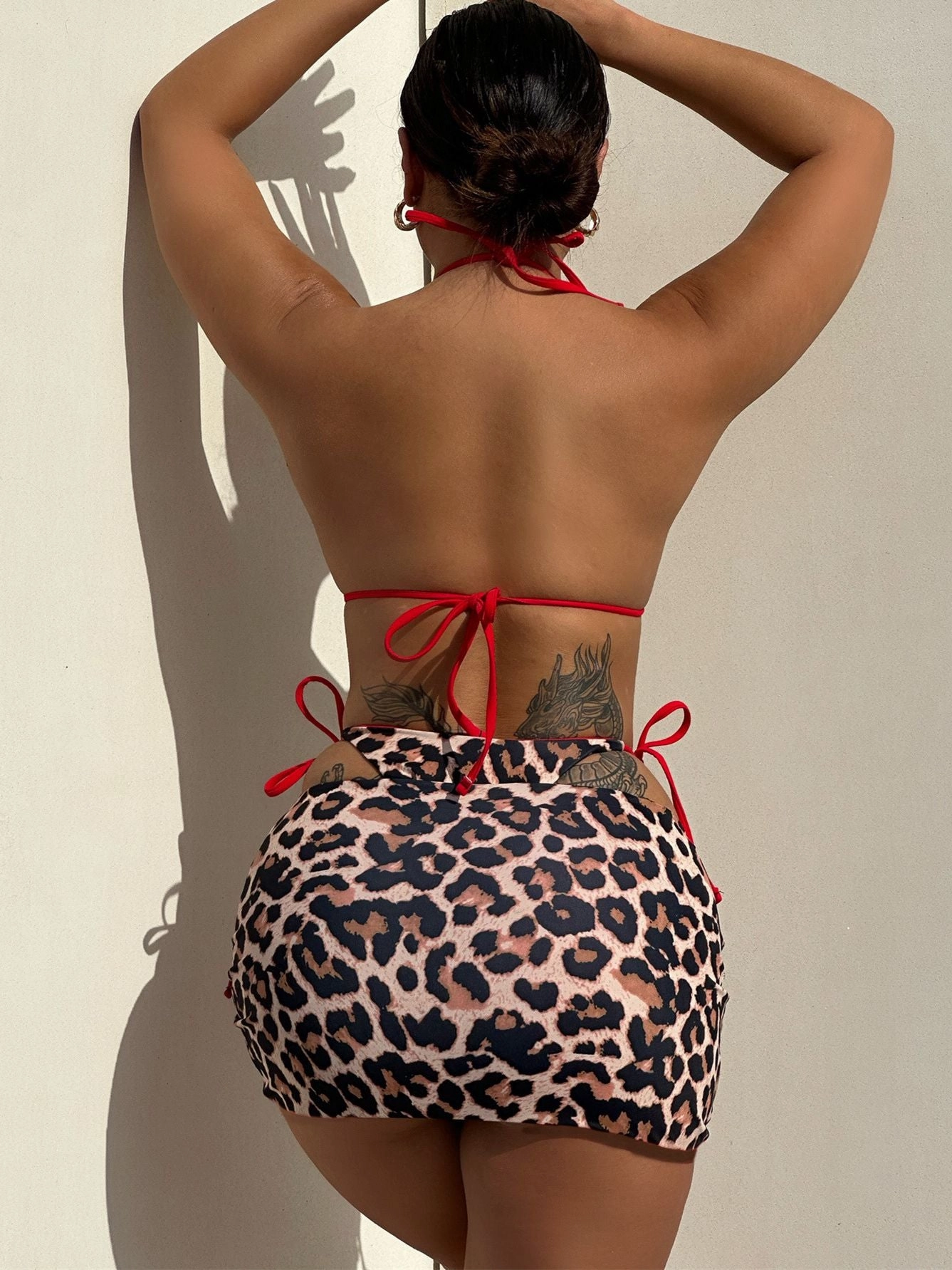 ZASUWA Female Leopard Print Drawstring Can Be Worn on Both Sides 3-Pieces Bikini Set