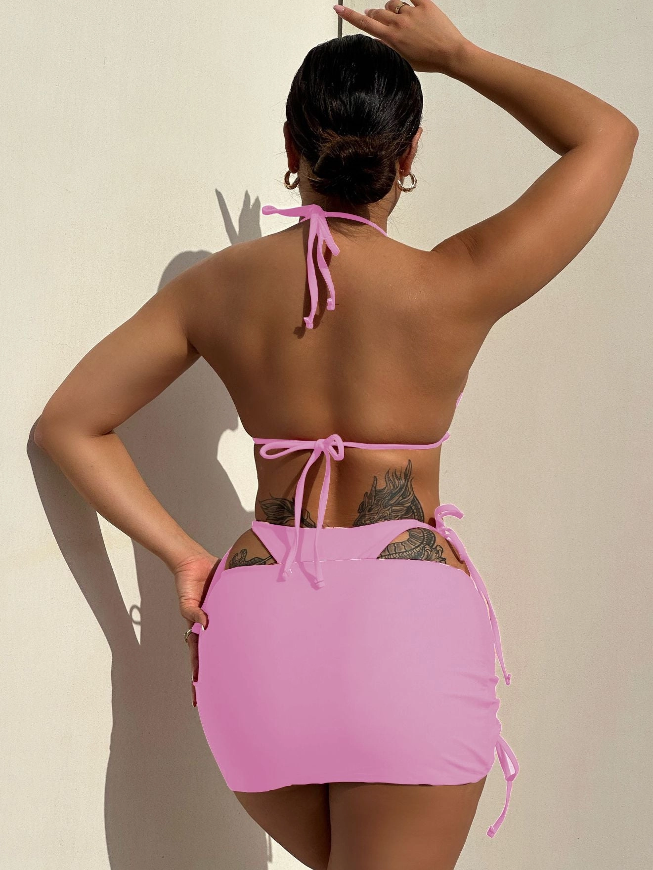 ZASUWA Female Leopard Print Drawstring Can Be Worn on Both Sides 3-Pieces Bikini Set