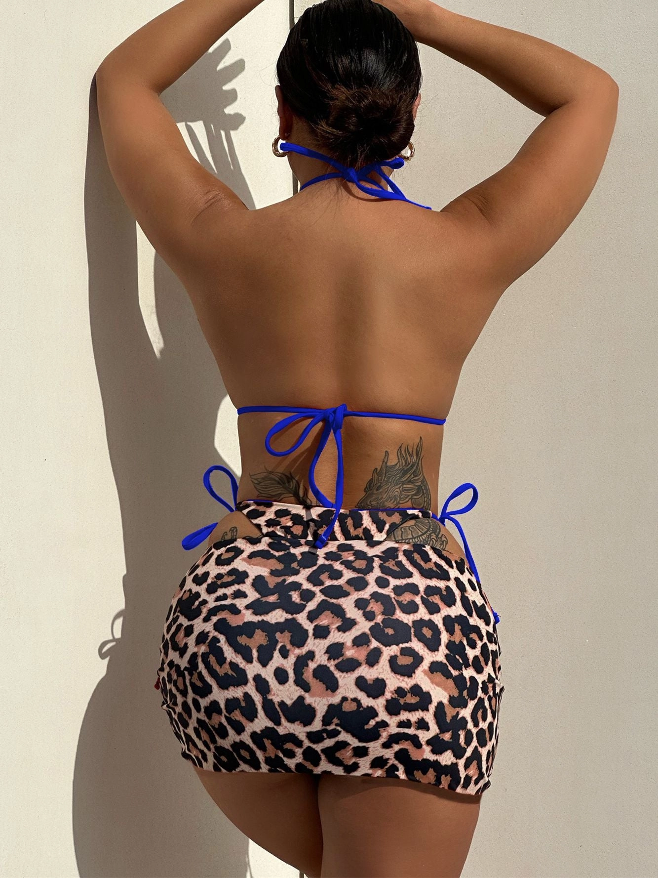 ZASUWA Female Leopard Print Drawstring Can Be Worn on Both Sides 3-Pieces Bikini Set