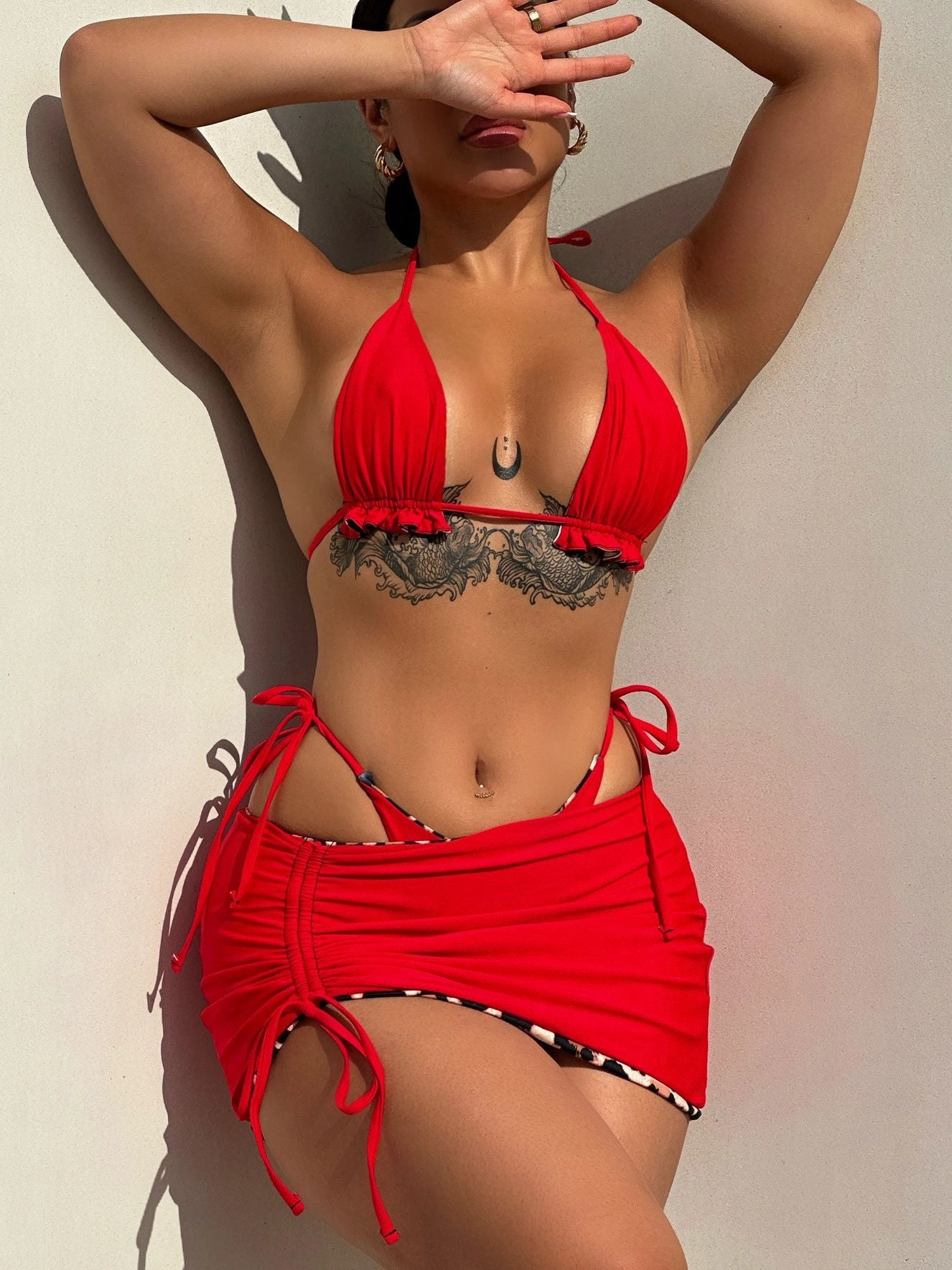 ZASUWA Female Leopard Print Drawstring Can Be Worn on Both Sides 3-Pieces Bikini Set