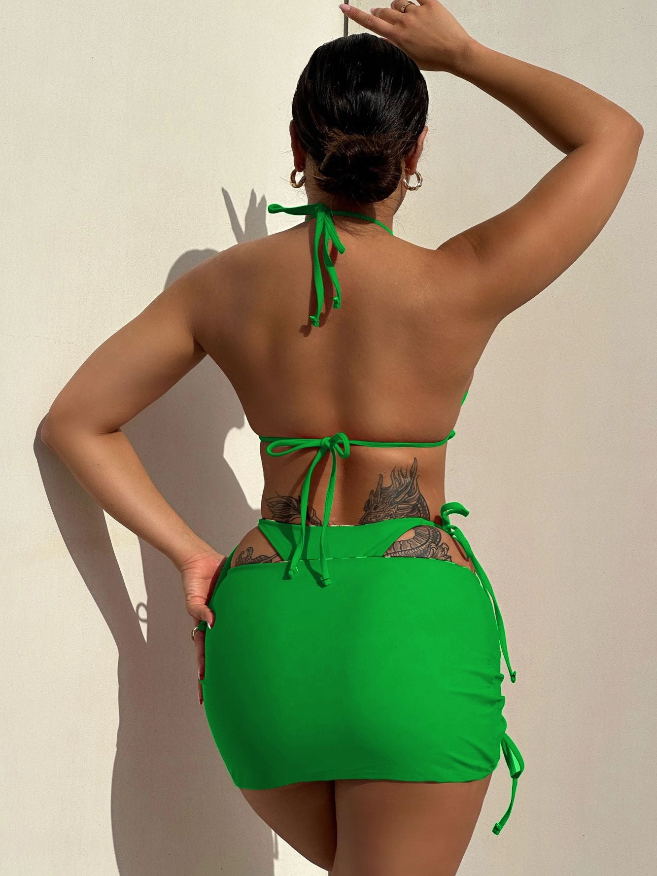 ZASUWA Female Leopard Print Drawstring Can Be Worn on Both Sides 3-Pieces Bikini Set