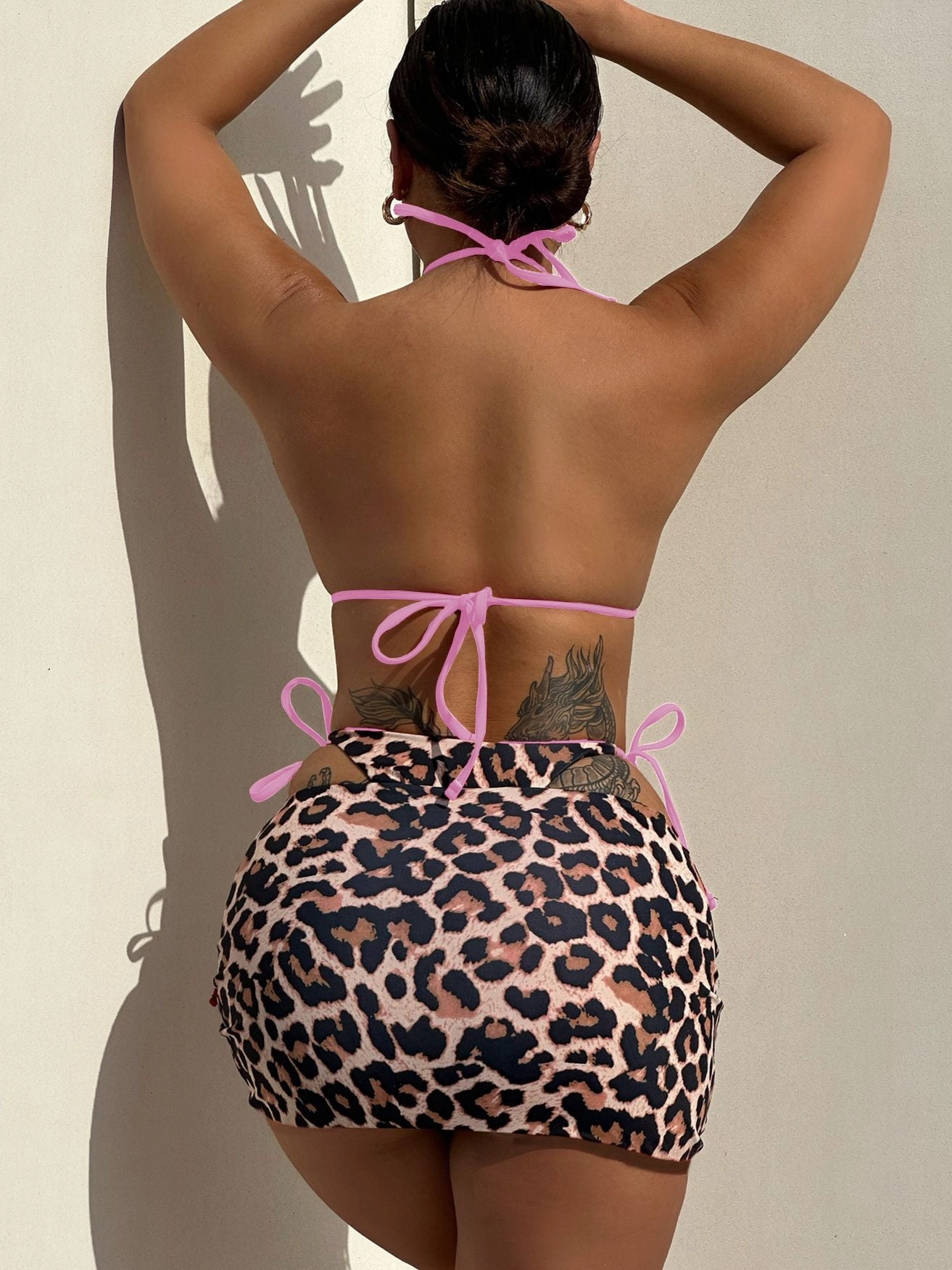 ZASUWA Female Leopard Print Drawstring Can Be Worn on Both Sides 3-Pieces Bikini Set
