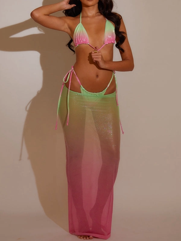 ZASUWA Female Sexy Glossy Ombre 3 Pieces Bikini Set